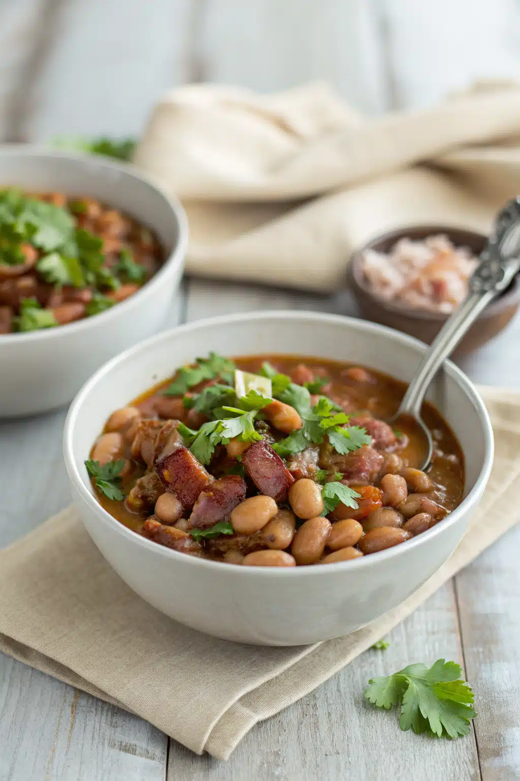 Charro Beans Recipe ingredients organized and measured on kitchen counter
