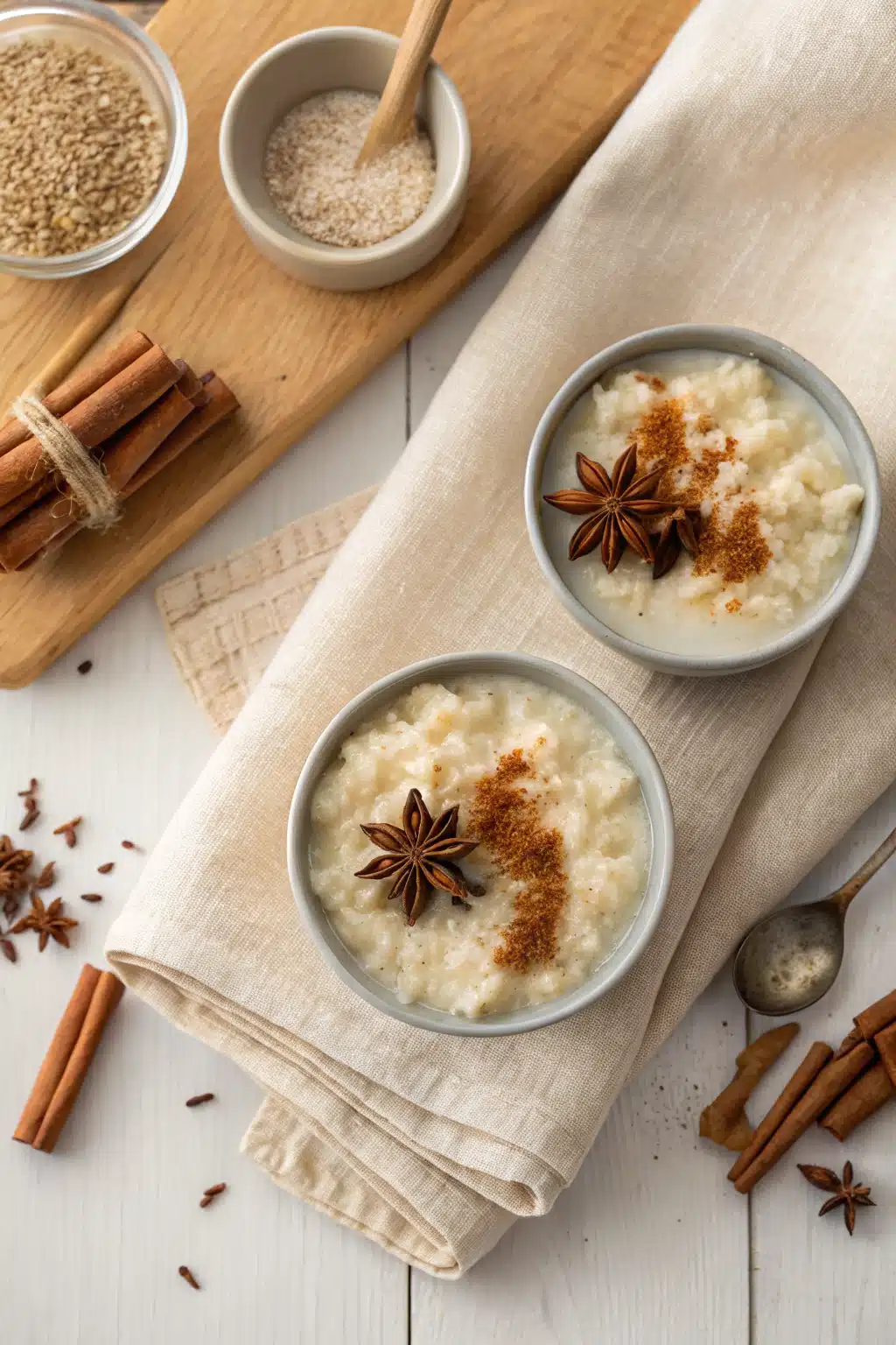Creamy Arroz Con Leche beautifully presented from an overhead angle