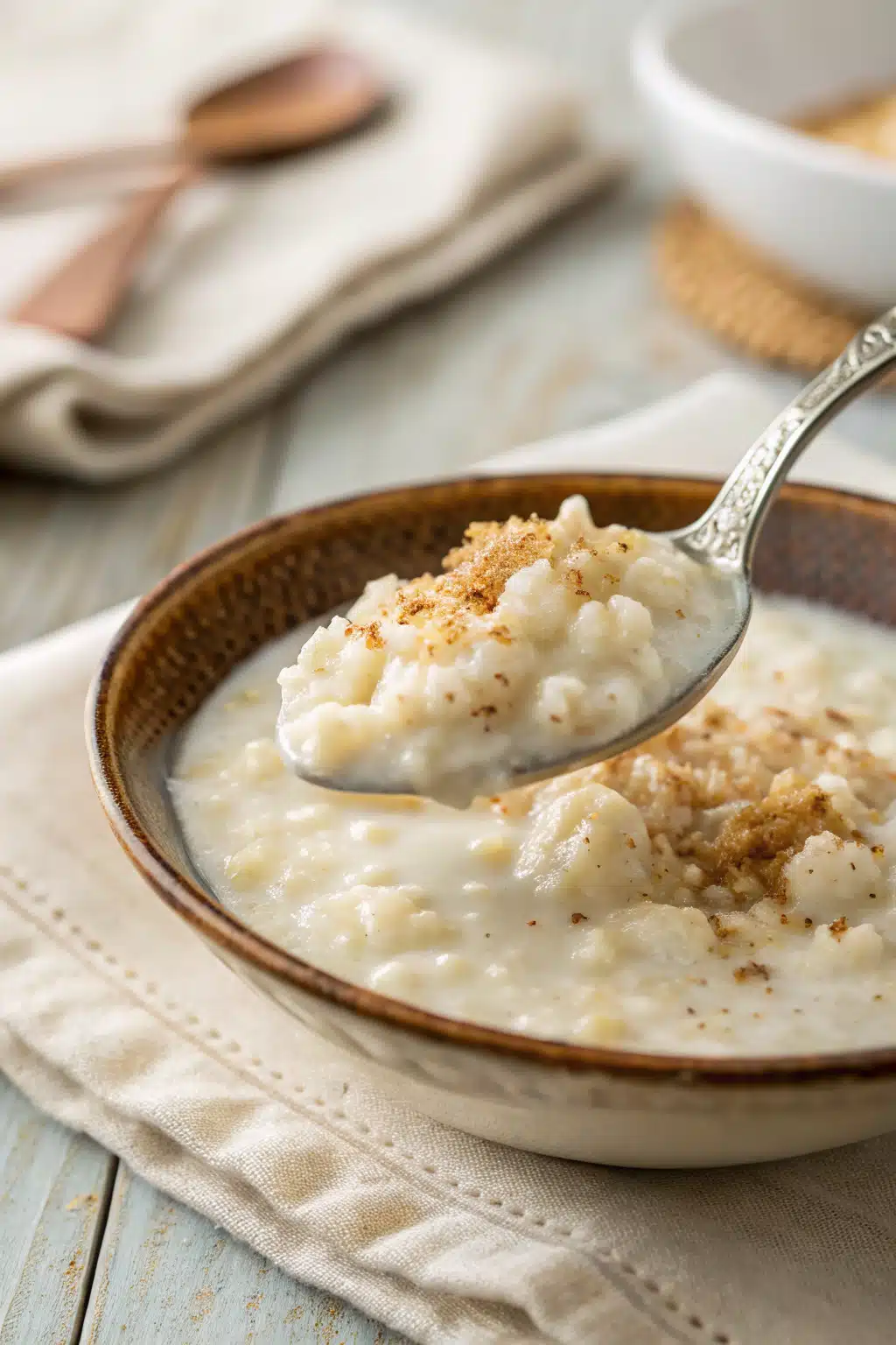 Creamy Arroz Con Leche slice on plate showing perfect texture and swirl pattern