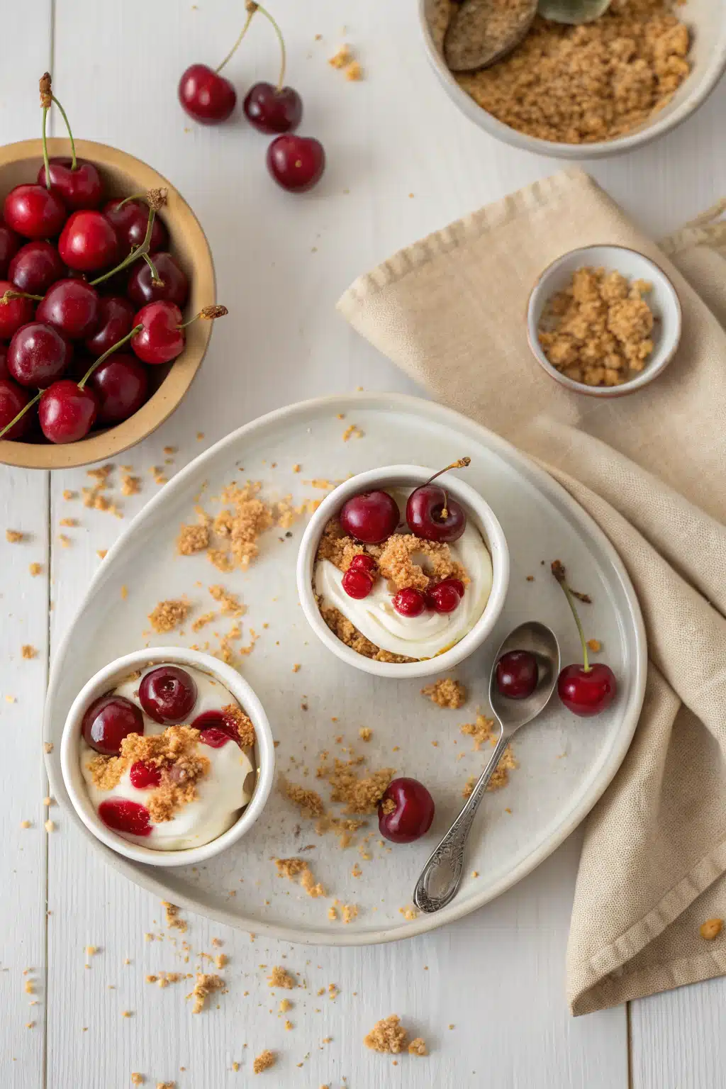 Mini Cherry Cheesecakes beautifully presented from an overhead angle