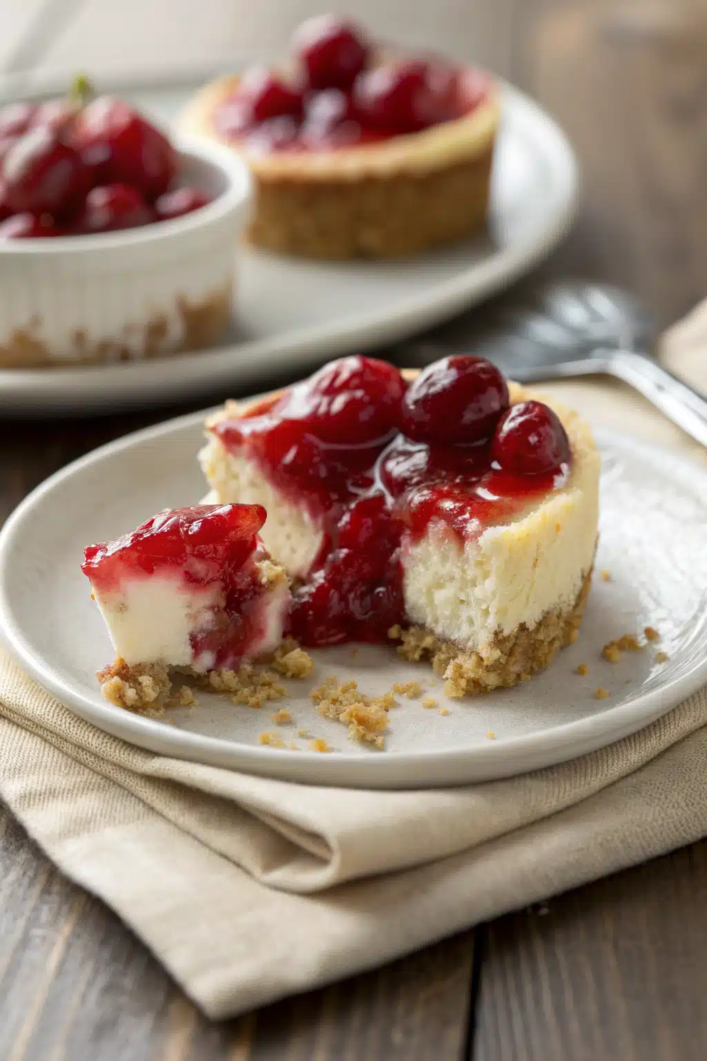 Mini Cherry Cheesecakes slice on plate showing perfect texture and swirl pattern