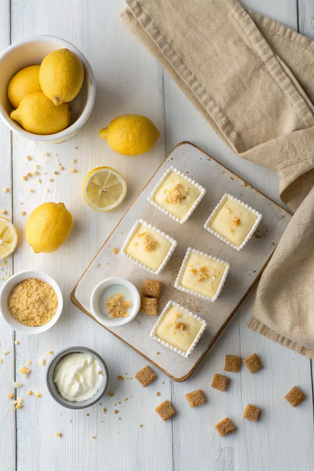 Easy Lemon Cheesecake Bites beautifully presented from an overhead angle