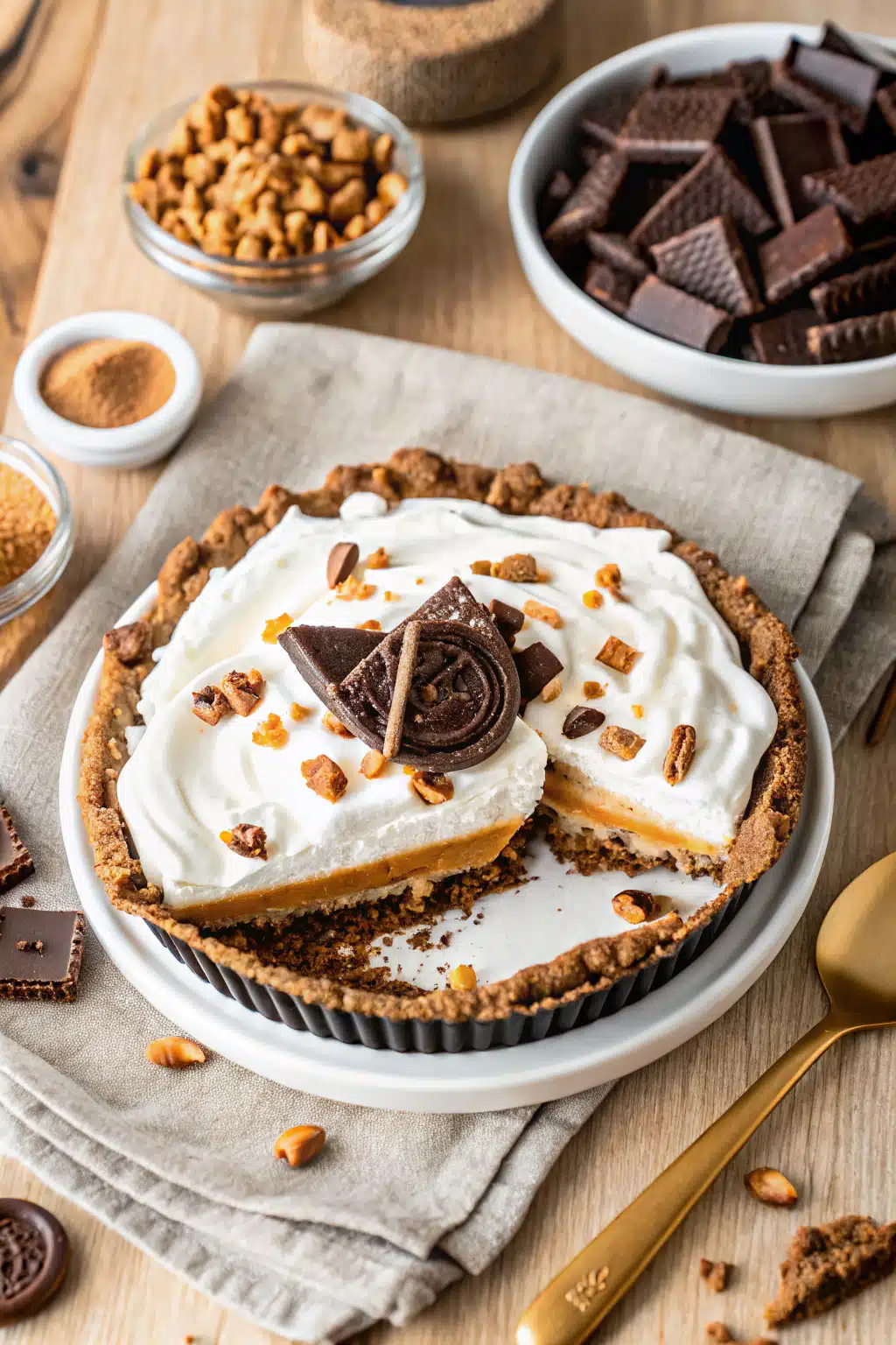 Reeses Peanut Butter Pie beautifully presented from an overhead angle