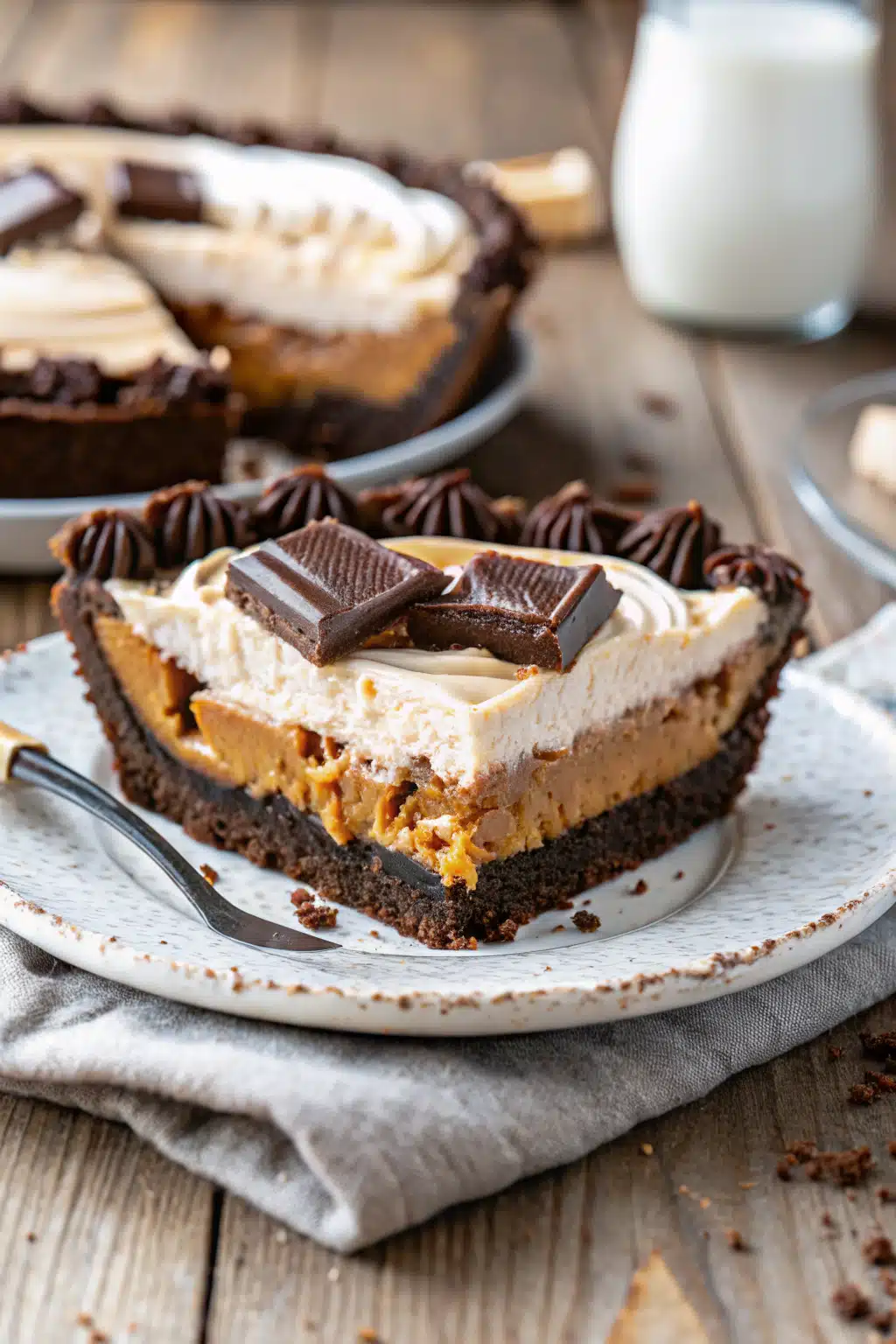 Reeses Peanut Butter Pie slice on plate showing perfect texture and swirl pattern