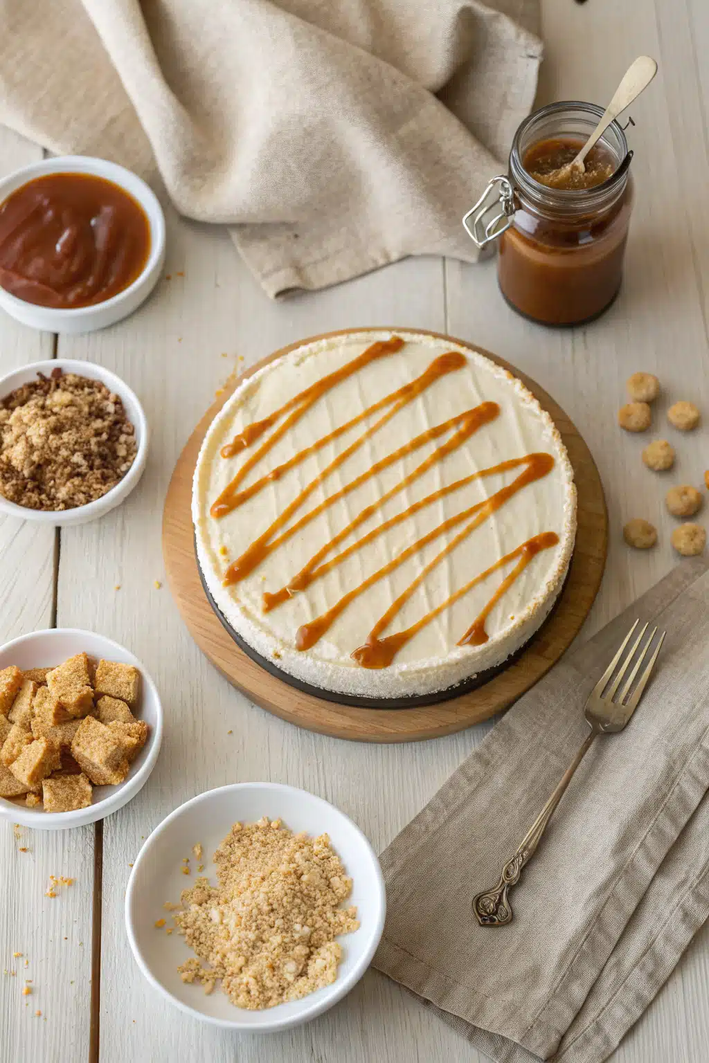 No Bake Salted Caramel Cheesecake beautifully presented from an overhead angle
