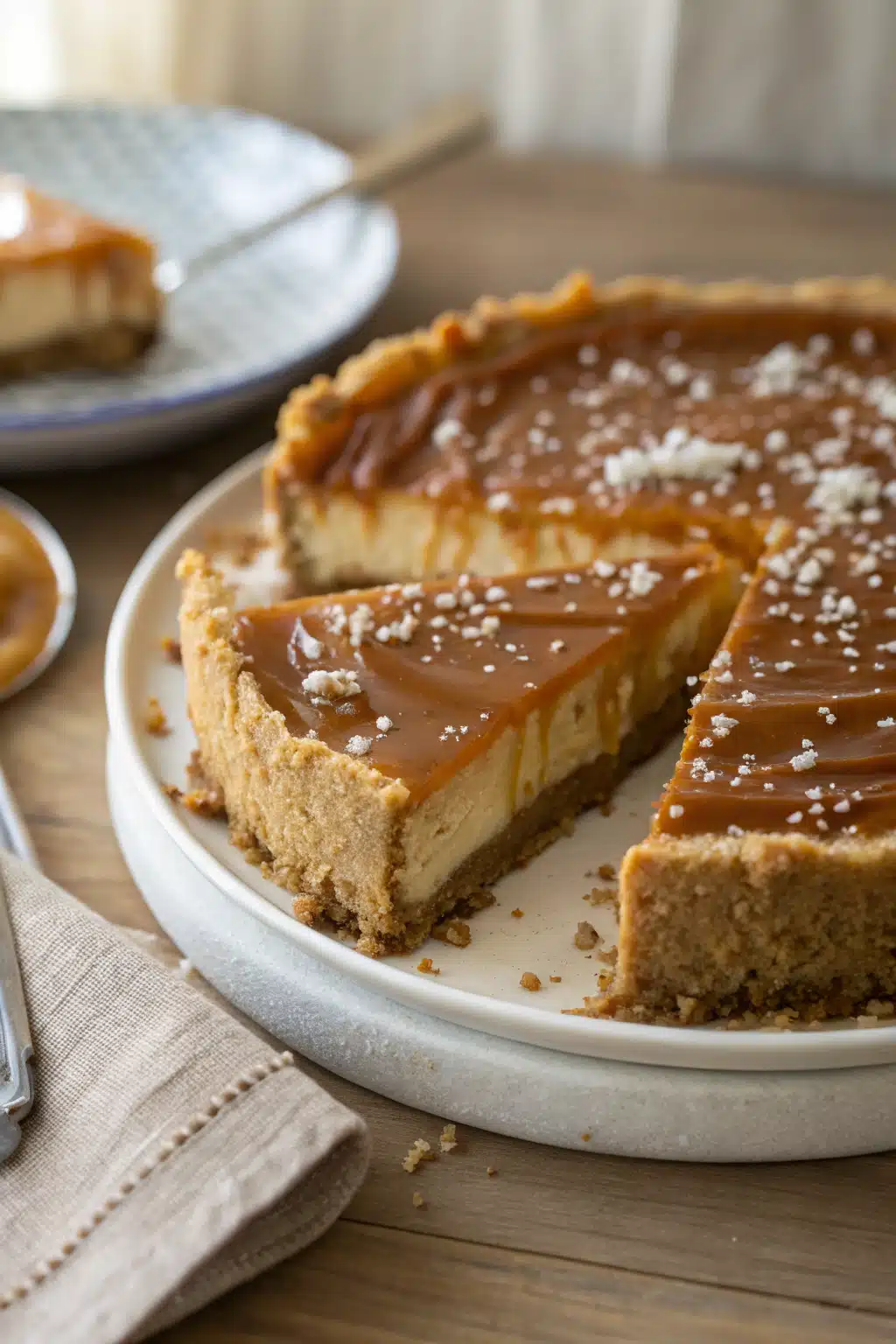 No Bake Salted Caramel Cheesecake slice on plate showing perfect texture and swirl pattern