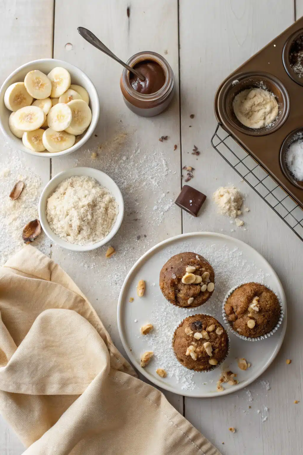 Nutella Banana Muffins beautifully presented from an overhead angle