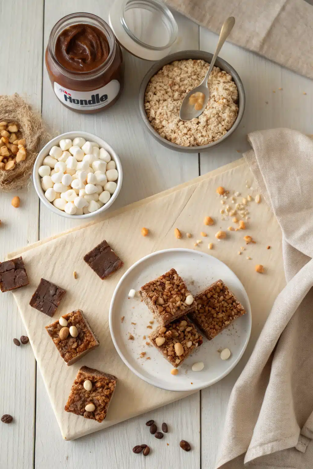 Nutella Rice Krispie Treats beautifully presented from an overhead angle