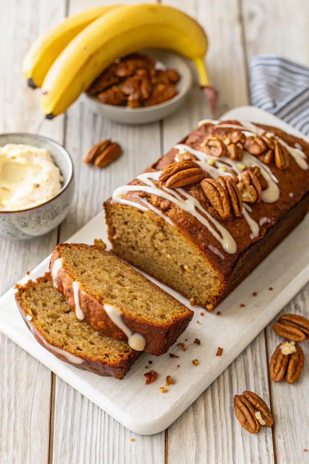 Greek Yogurt Banana Bread beautifully presented from an overhead angle
