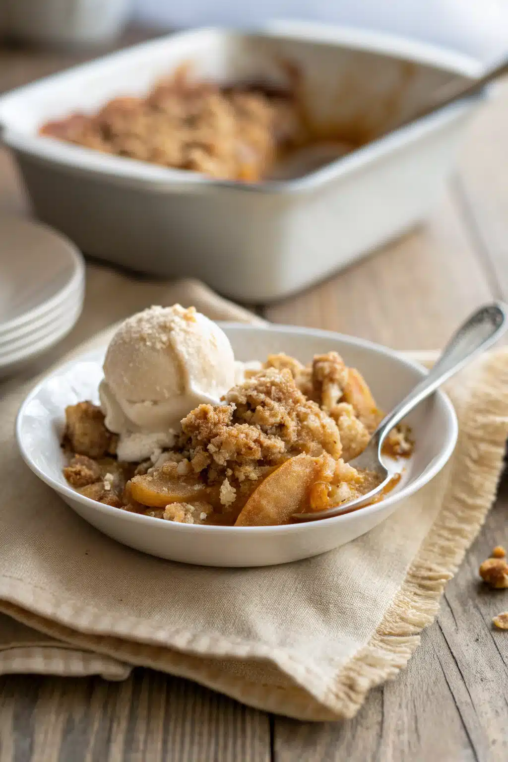 Old Fashioned Apple Crisp ingredients organized and measured on kitchen counter