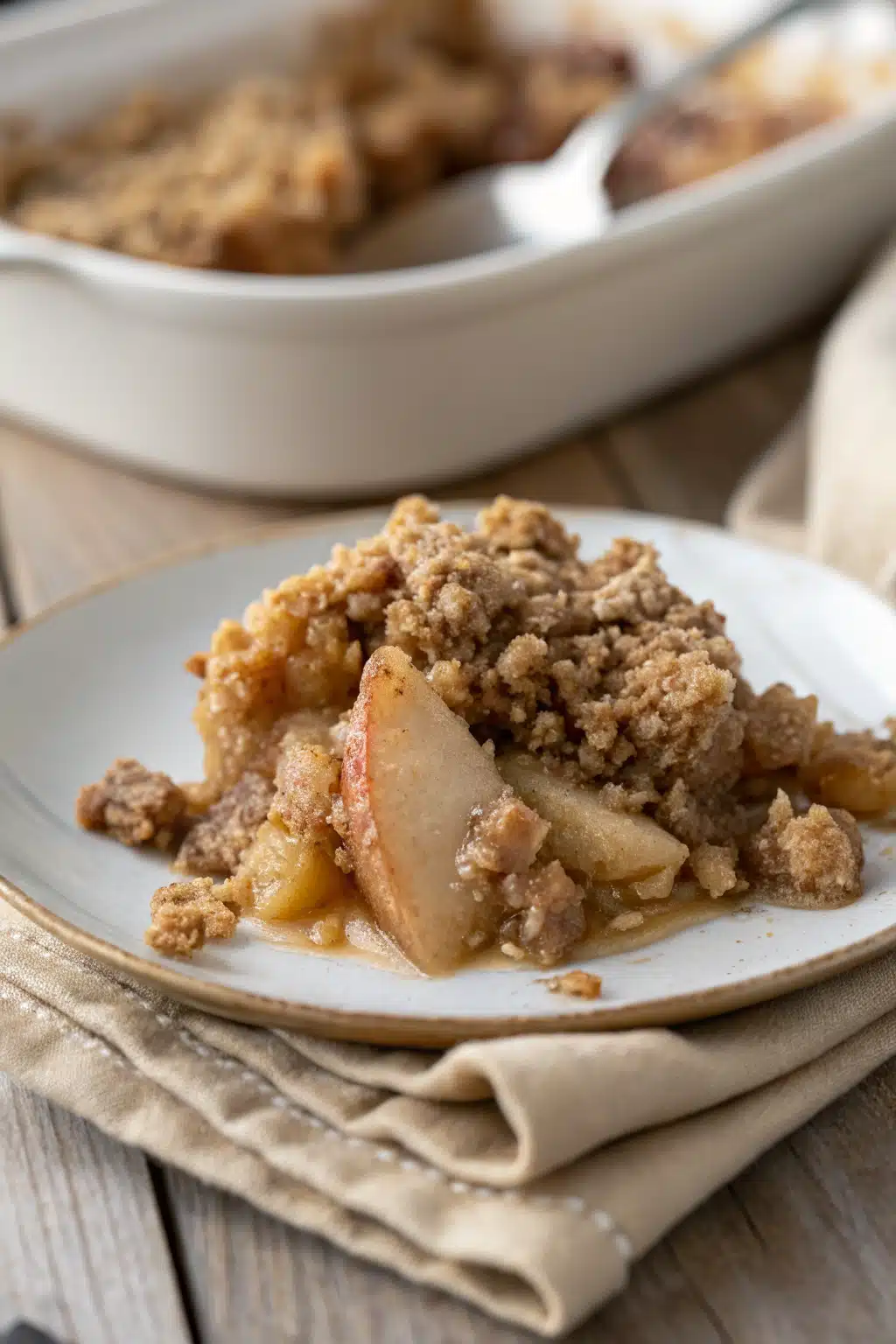 Old Fashioned Apple Crisp slice on plate showing perfect texture and swirl pattern