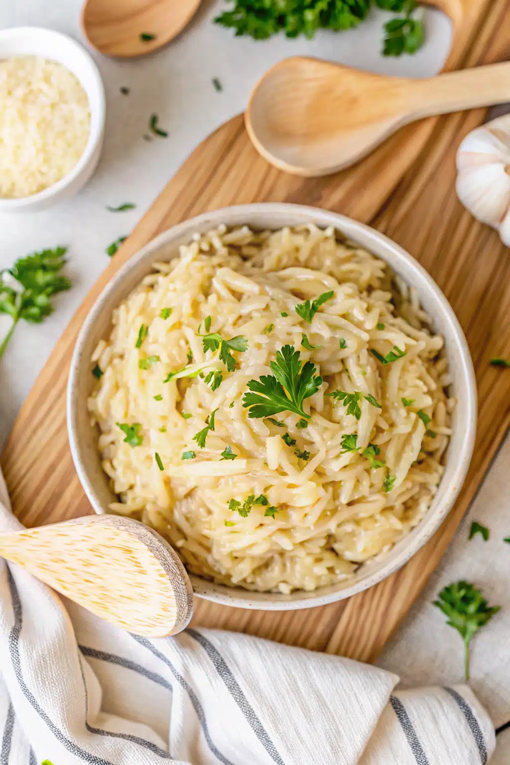 Creamy Garlic Parmesan Orzo beautifully presented from an overhead angle