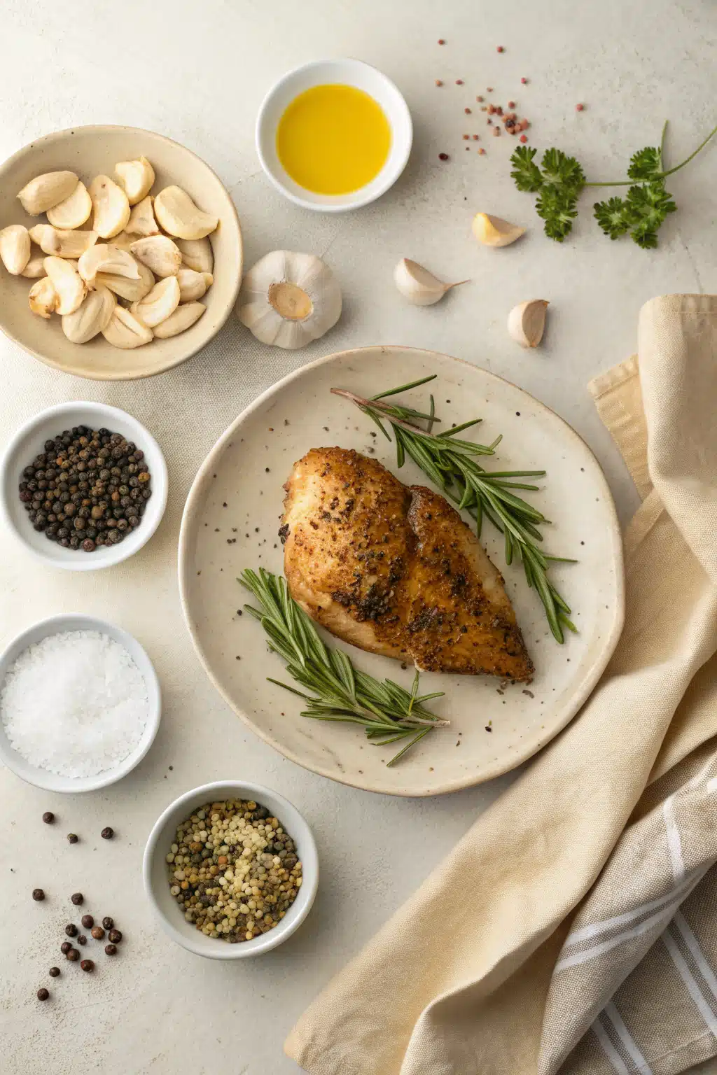 Oven Baked Chicken Breast beautifully presented from an overhead angle