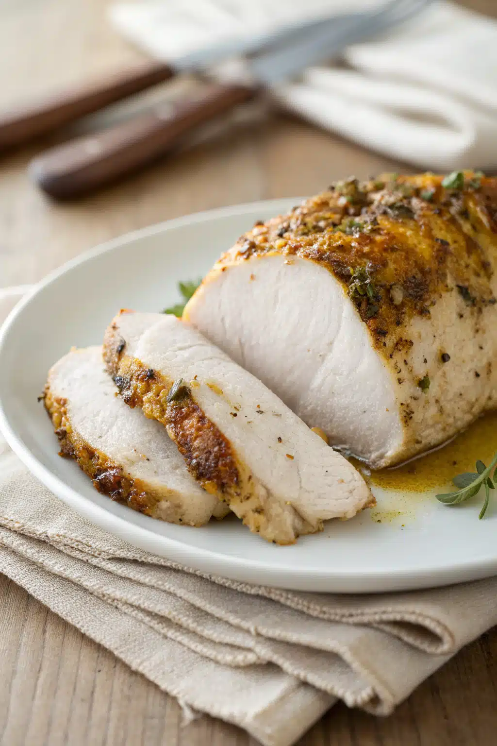 Oven Baked Chicken Breast slice on plate showing perfect texture and swirl pattern