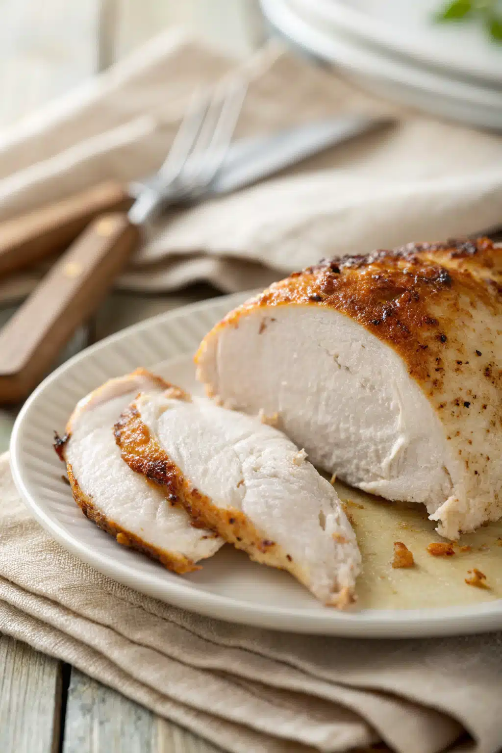 Easy Baked Chicken slice on plate showing perfect texture and swirl pattern