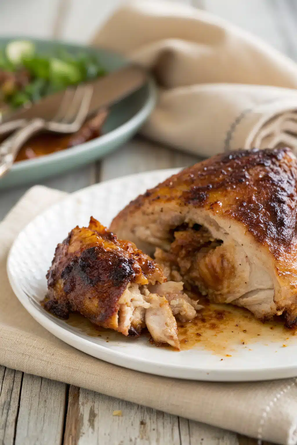 Baked Marinated Chicken slice on plate showing perfect texture and swirl pattern