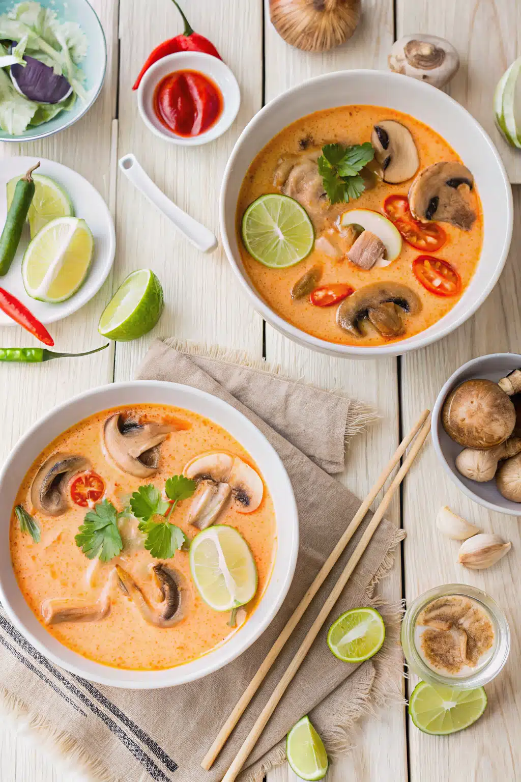 Crockpot Thai Coconut Chicken Soup beautifully presented from an overhead angle