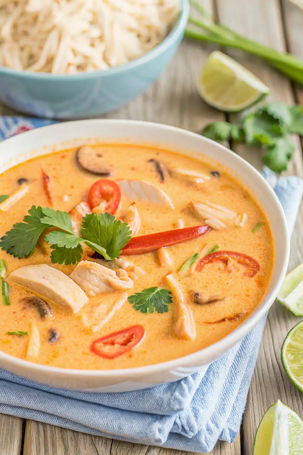 Crockpot Thai Coconut Chicken Soup slice on plate showing perfect texture and swirl pattern