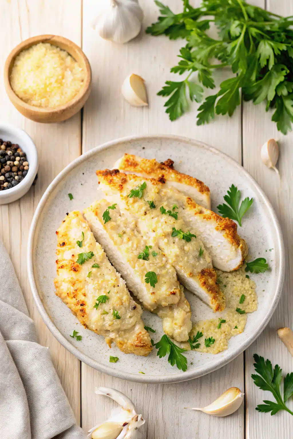 Garlic Parmesan Chicken beautifully presented from an overhead angle