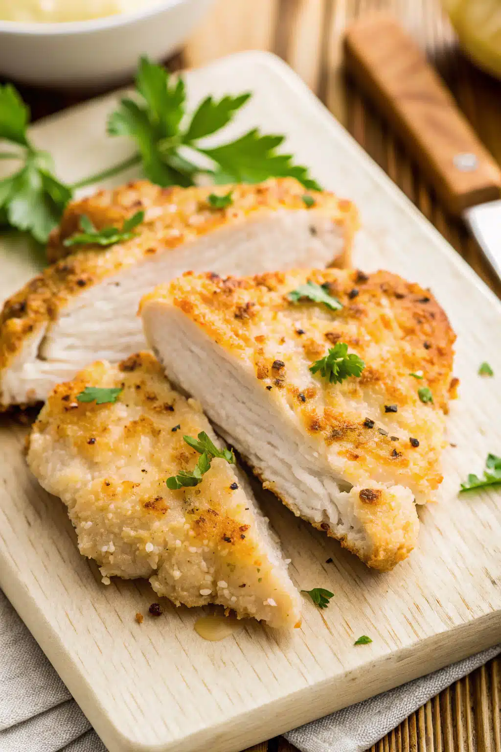 Garlic Parmesan Chicken slice on plate showing perfect texture and swirl pattern