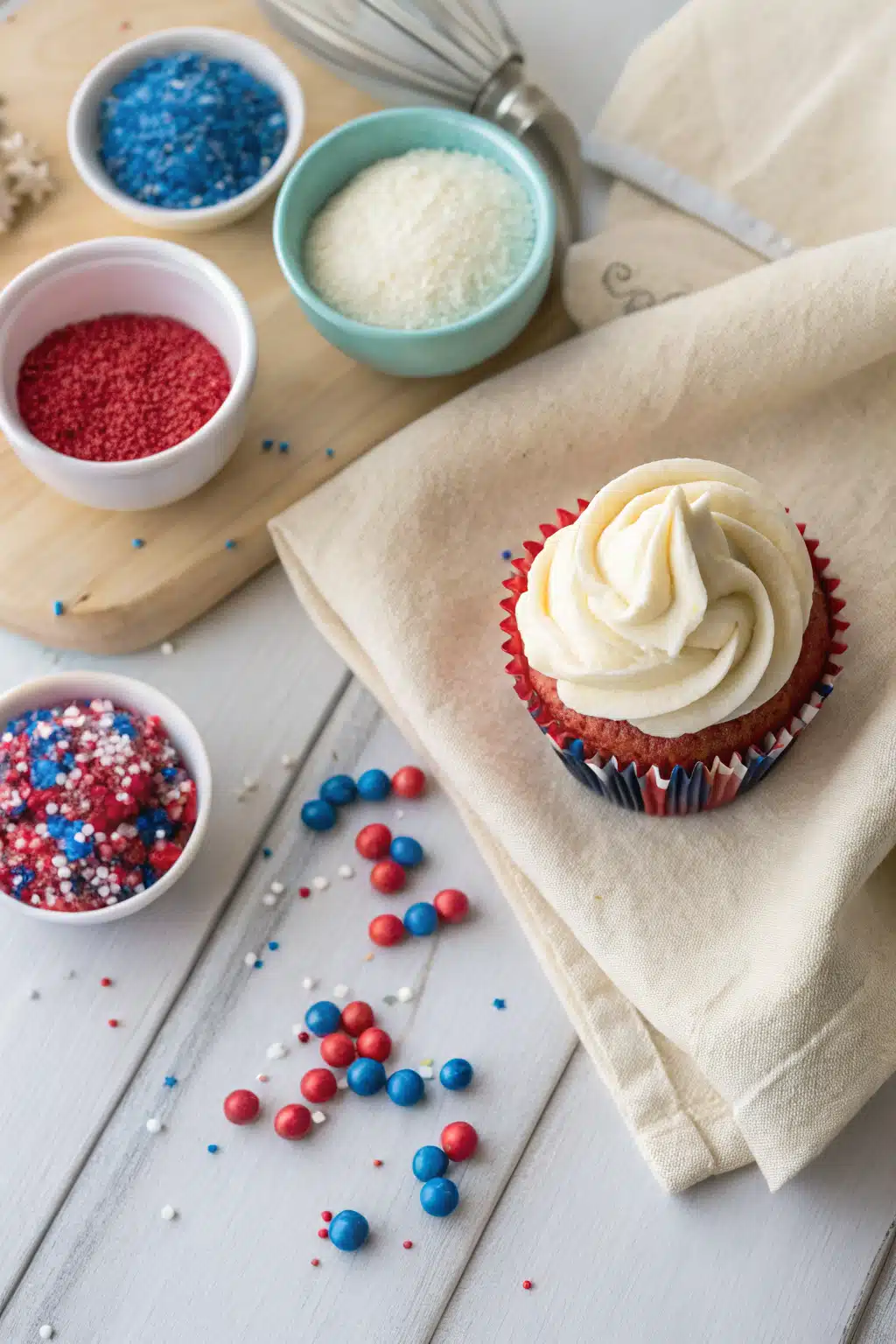 Red White and Blue Cupcakes beautifully presented from an overhead angle
