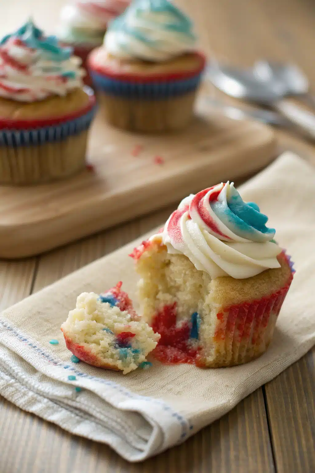 Red White and Blue Cupcakes slice on plate showing perfect texture and swirl pattern