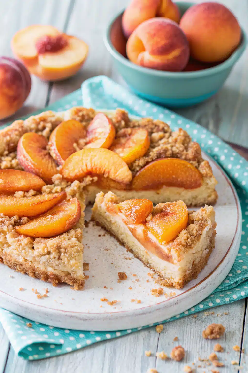 Peach Coffee Cake beautifully presented from an overhead angle