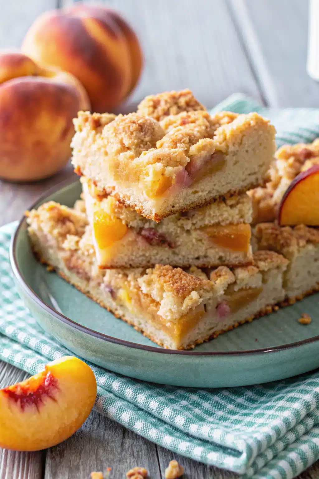 Peach Coffee Cake slice on plate showing perfect texture and swirl pattern