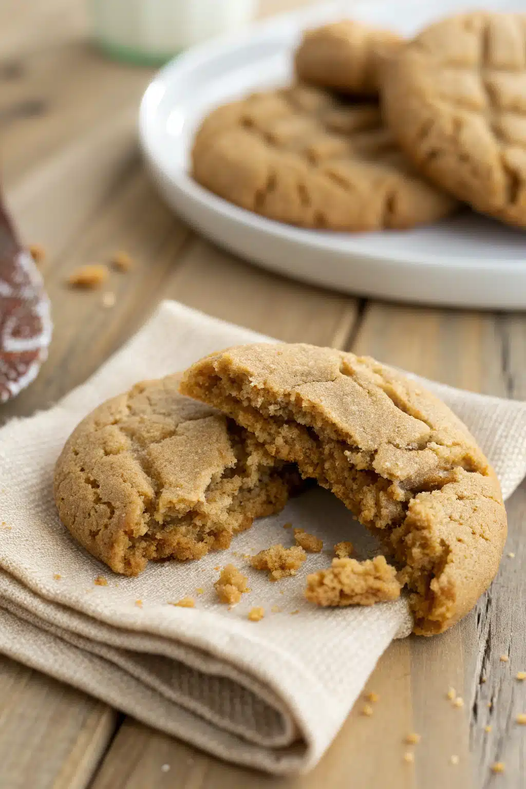 Chewy Peanut Butter Cookies slice on plate showing perfect texture and swirl pattern