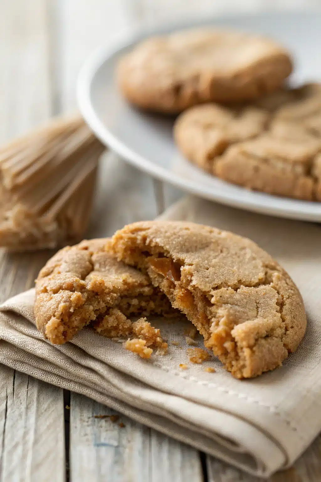 Easy Peanut Butter Cookies slice on plate showing perfect texture and swirl pattern