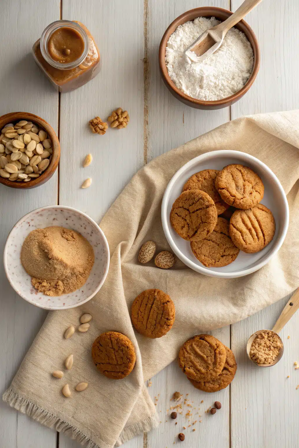 Chewy Peanut Butter Cookies beautifully presented from an overhead angle