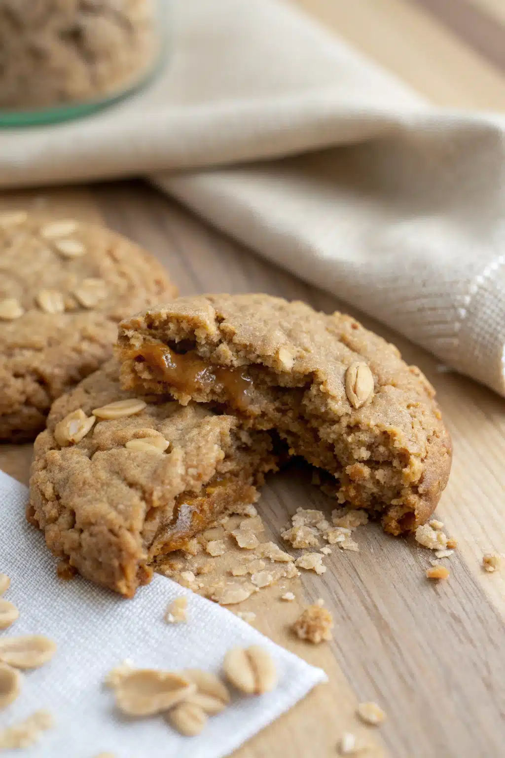 Peanut Butter Oatmeal Cookies slice on plate showing perfect texture and swirl pattern
