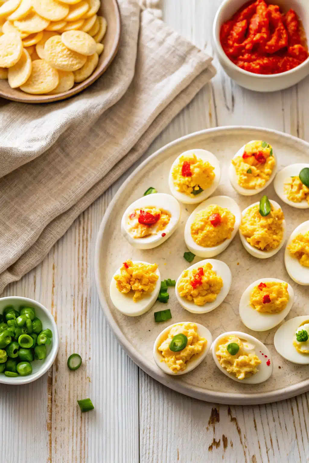 Pimento Cheese Deviled Eggs beautifully presented from an overhead angle