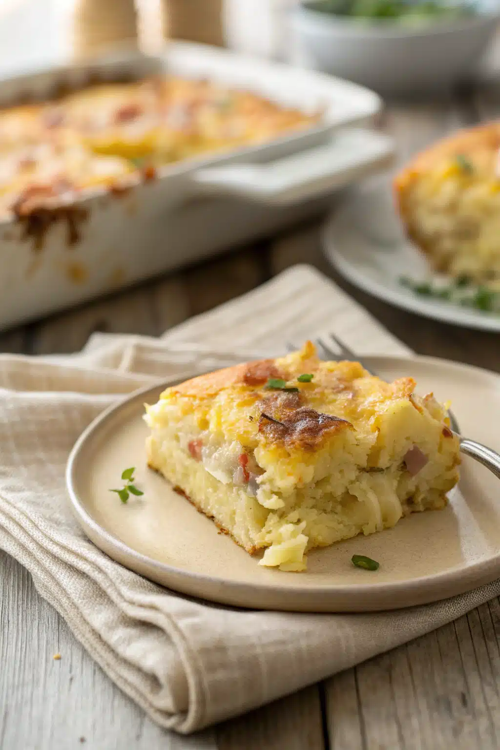 Potato Breakfast Casserole slice on plate showing perfect texture and swirl pattern