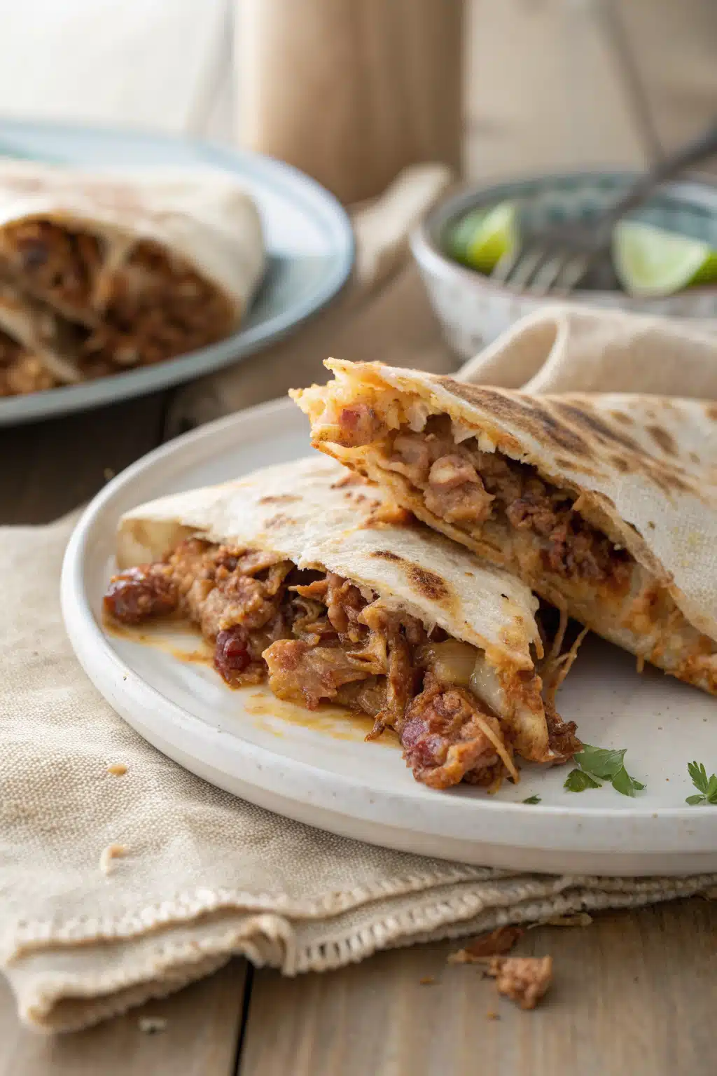 Pulled Pork Quesadilla slice on plate showing perfect texture and swirl pattern