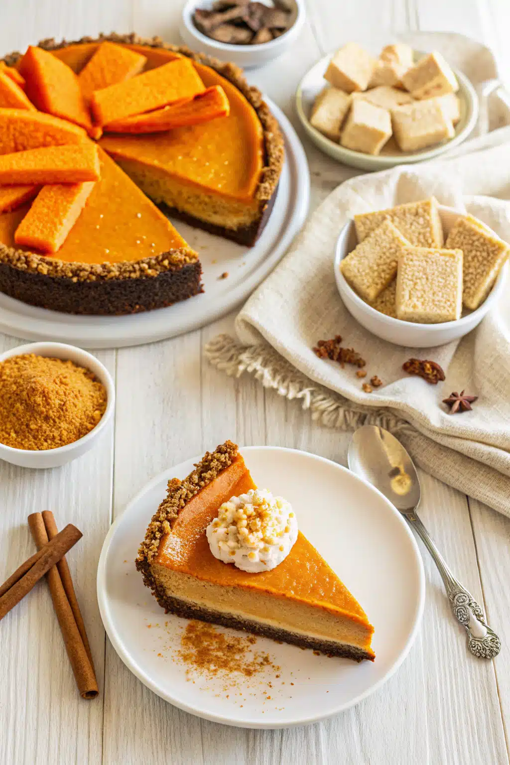 Pumpkin Cheesecake Recipe beautifully presented from an overhead angle