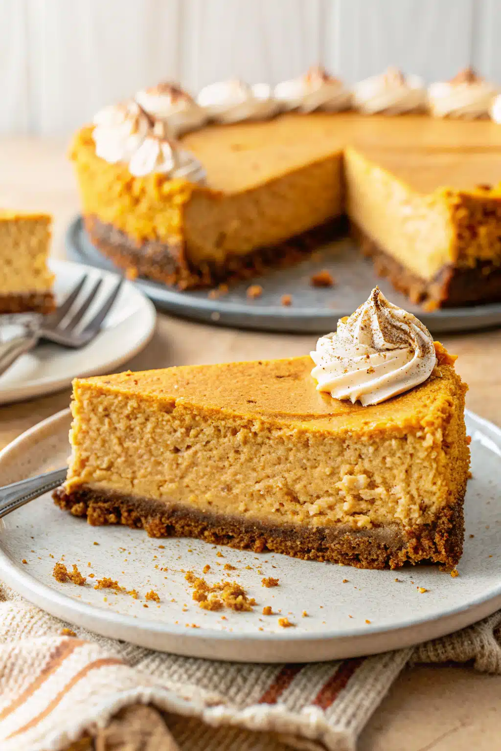 Pumpkin Cheesecake Recipe slice on plate showing perfect texture and swirl pattern