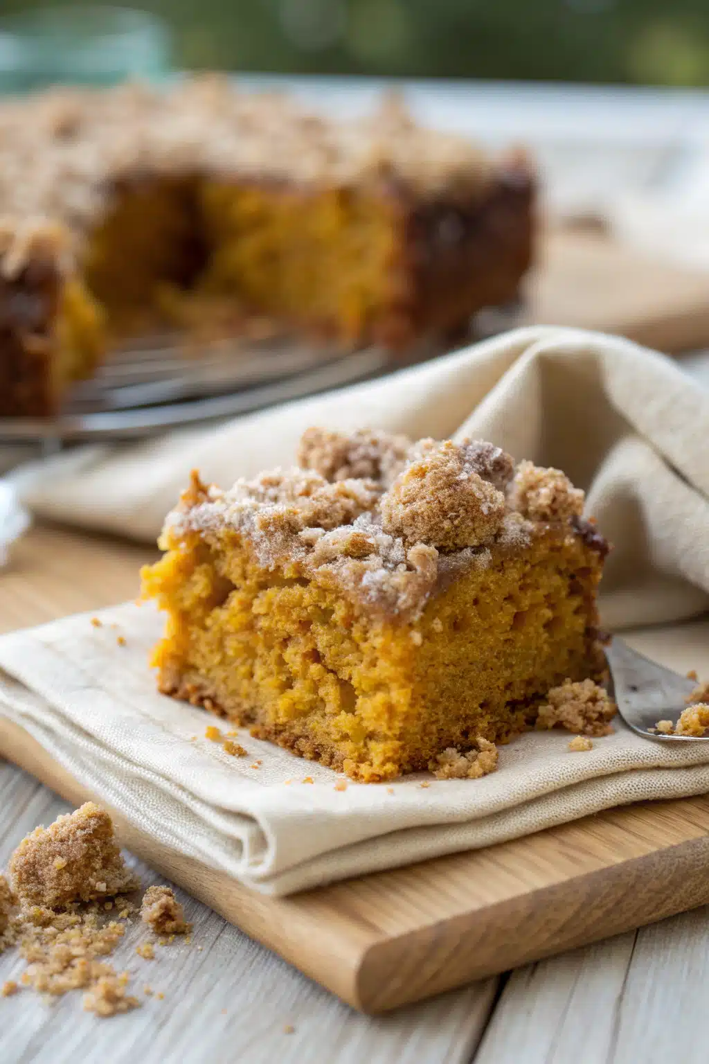 Pumpkin Spice Coffee Cake slice on plate showing perfect texture and swirl pattern