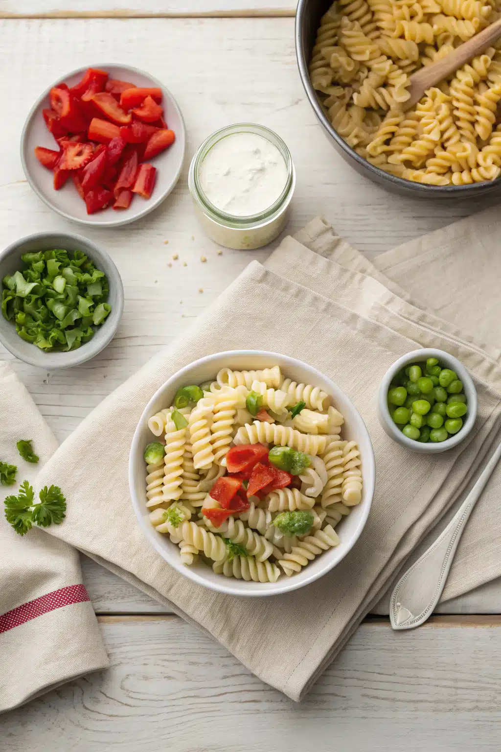 Best Ranch Pasta Salad beautifully presented from an overhead angle