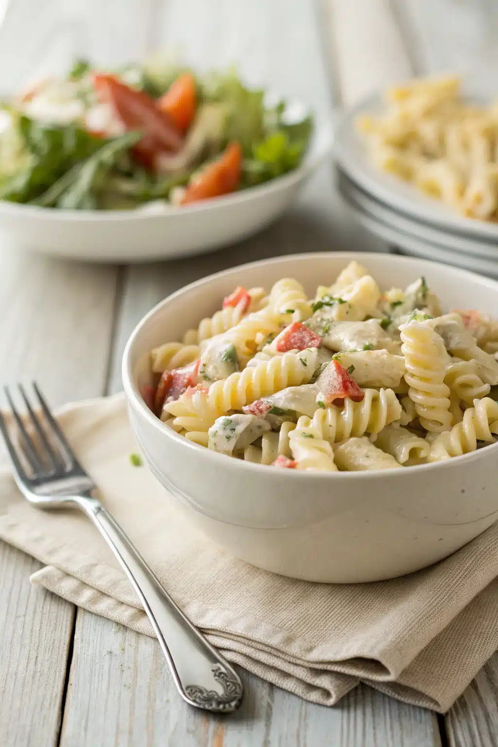 Best Ranch Pasta Salad ingredients organized and measured on kitchen counter