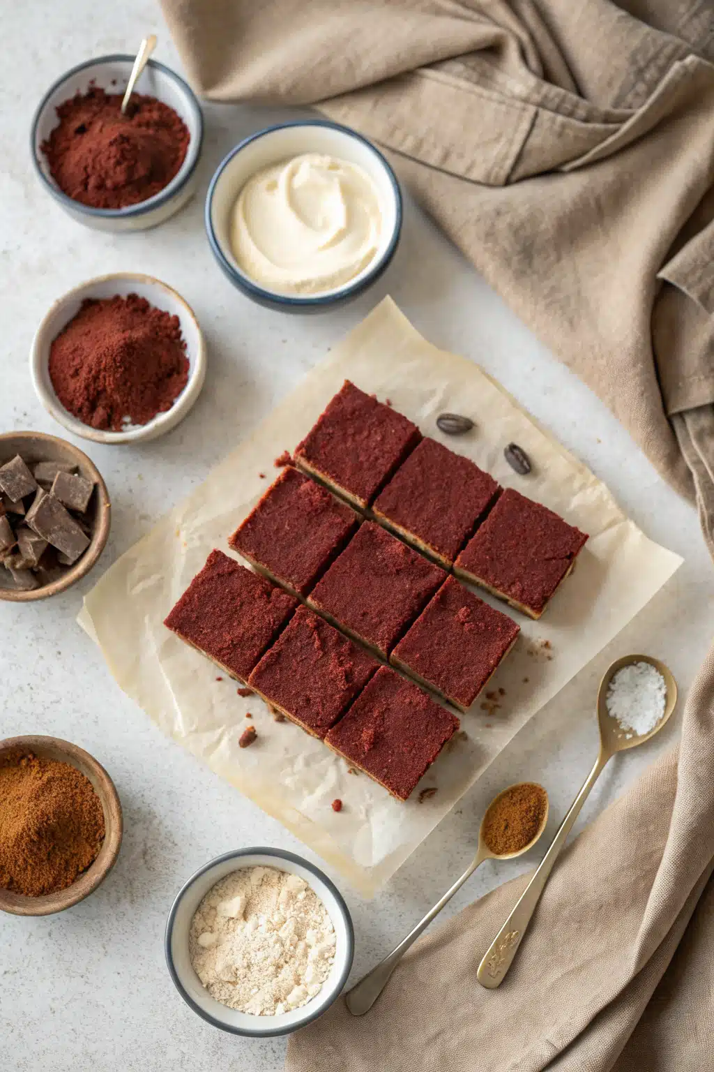 Red Velvet Cheesecake Bars beautifully presented from an overhead angle