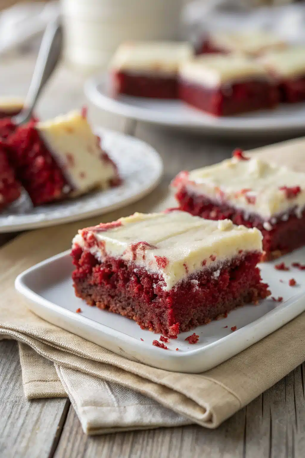 Red Velvet Cheesecake Bars slice on plate showing perfect texture and swirl pattern