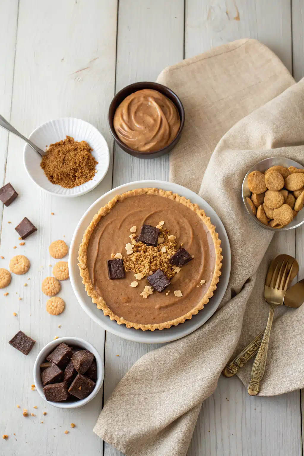 Reese's Peanut Butter Pie beautifully presented from an overhead angle