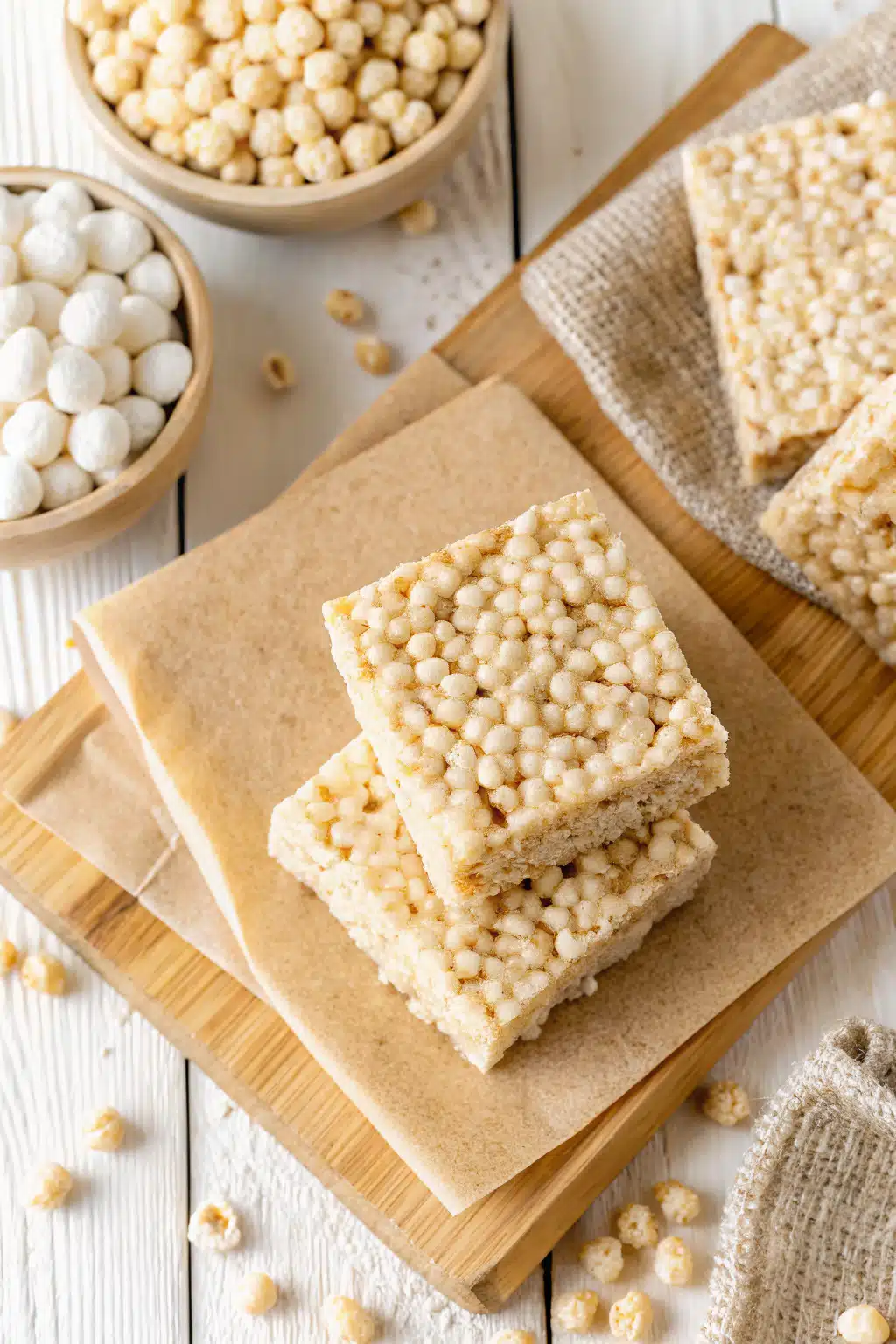 Rice Krispie Treats beautifully presented from an overhead angle
