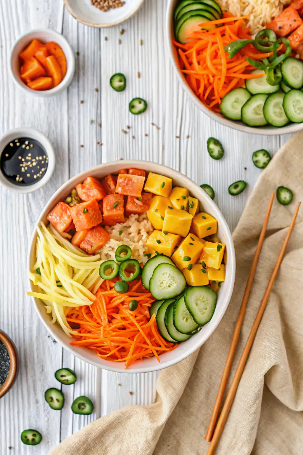 Spicy Sriracha Salmon Bowls beautifully presented from an overhead angle