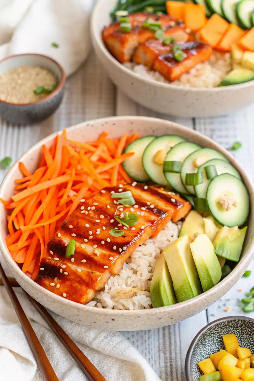 Spicy Sriracha Salmon Bowls ingredients organized and measured on kitchen counter