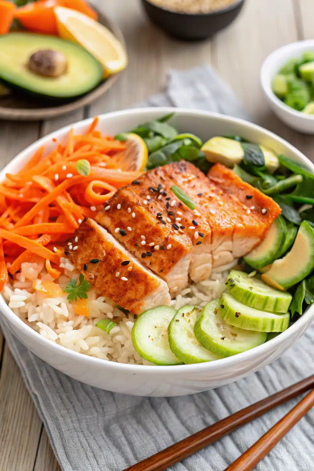 Spicy Sriracha Salmon Bowls slice on plate showing perfect texture and swirl pattern