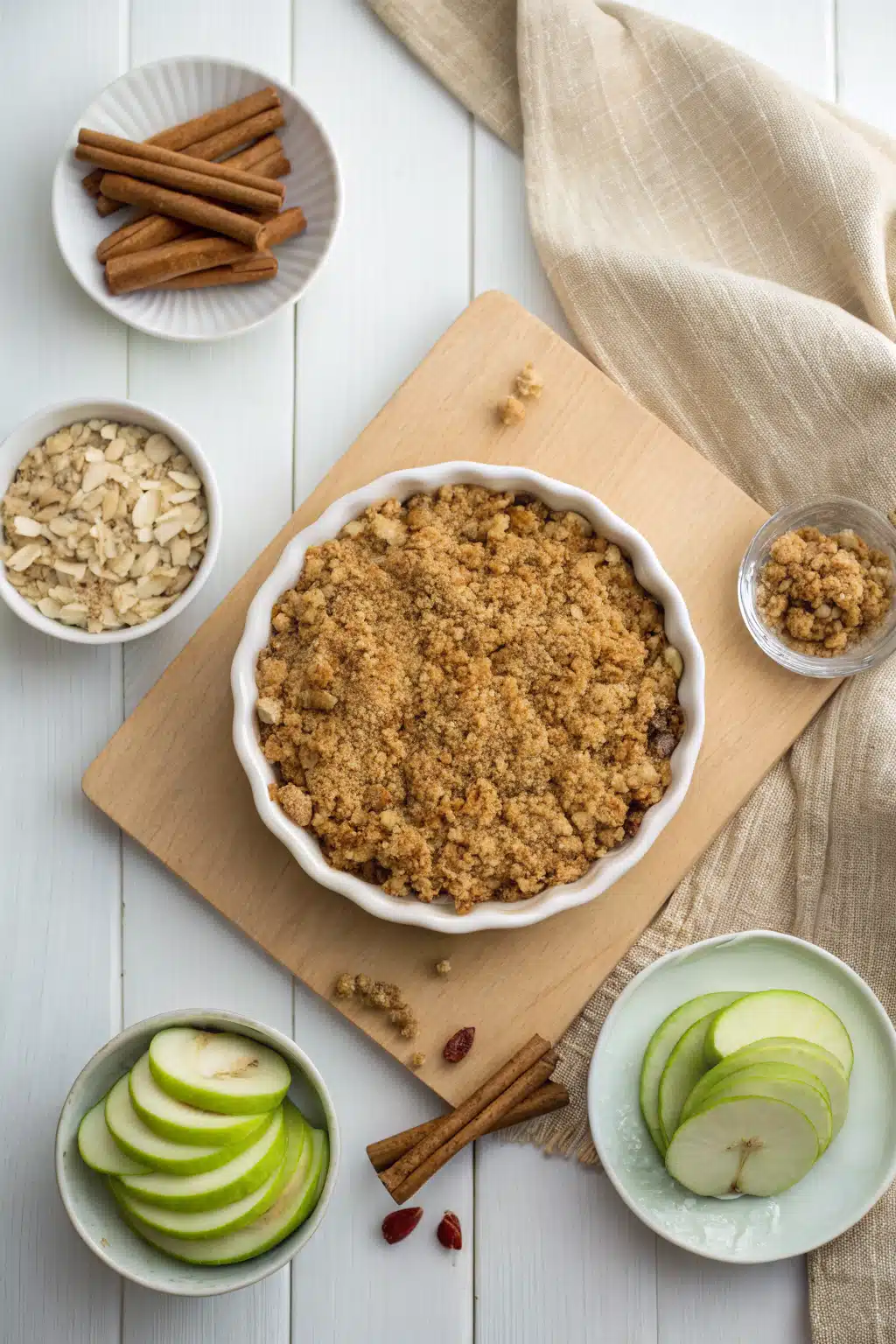 Apple Crumble Recipe beautifully presented from an overhead angle