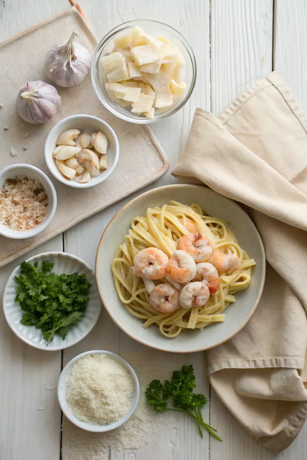 Creamy Shrimp Alfredo beautifully presented from an overhead angle