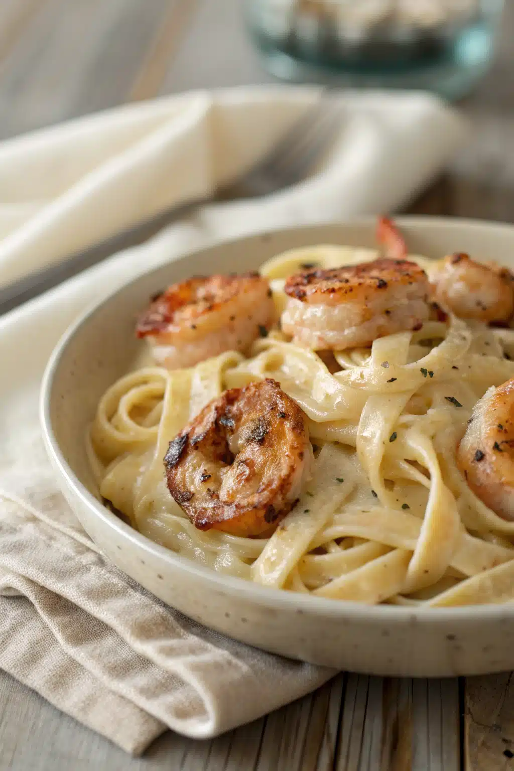 Creamy Shrimp Alfredo slice on plate showing perfect texture and swirl pattern